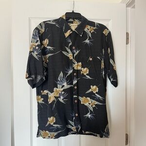 Havana Cafe Silk Linen Blend Flowy Aloha Shirt Dark Navy Floral Size Large